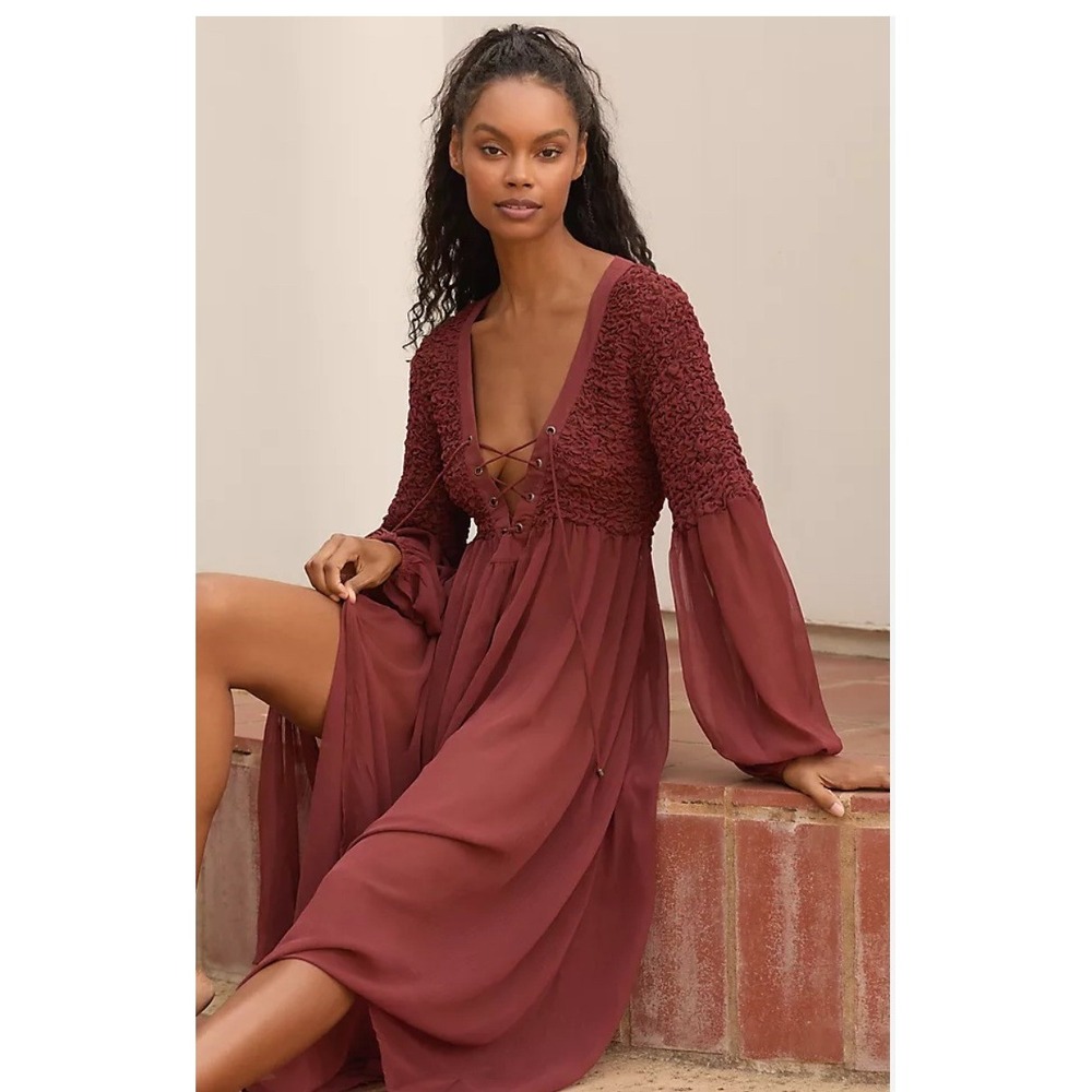Anthropologie Sheer Cover-Up Midi Dress Crimson Smocked Lace-Up Boho Small NEW
